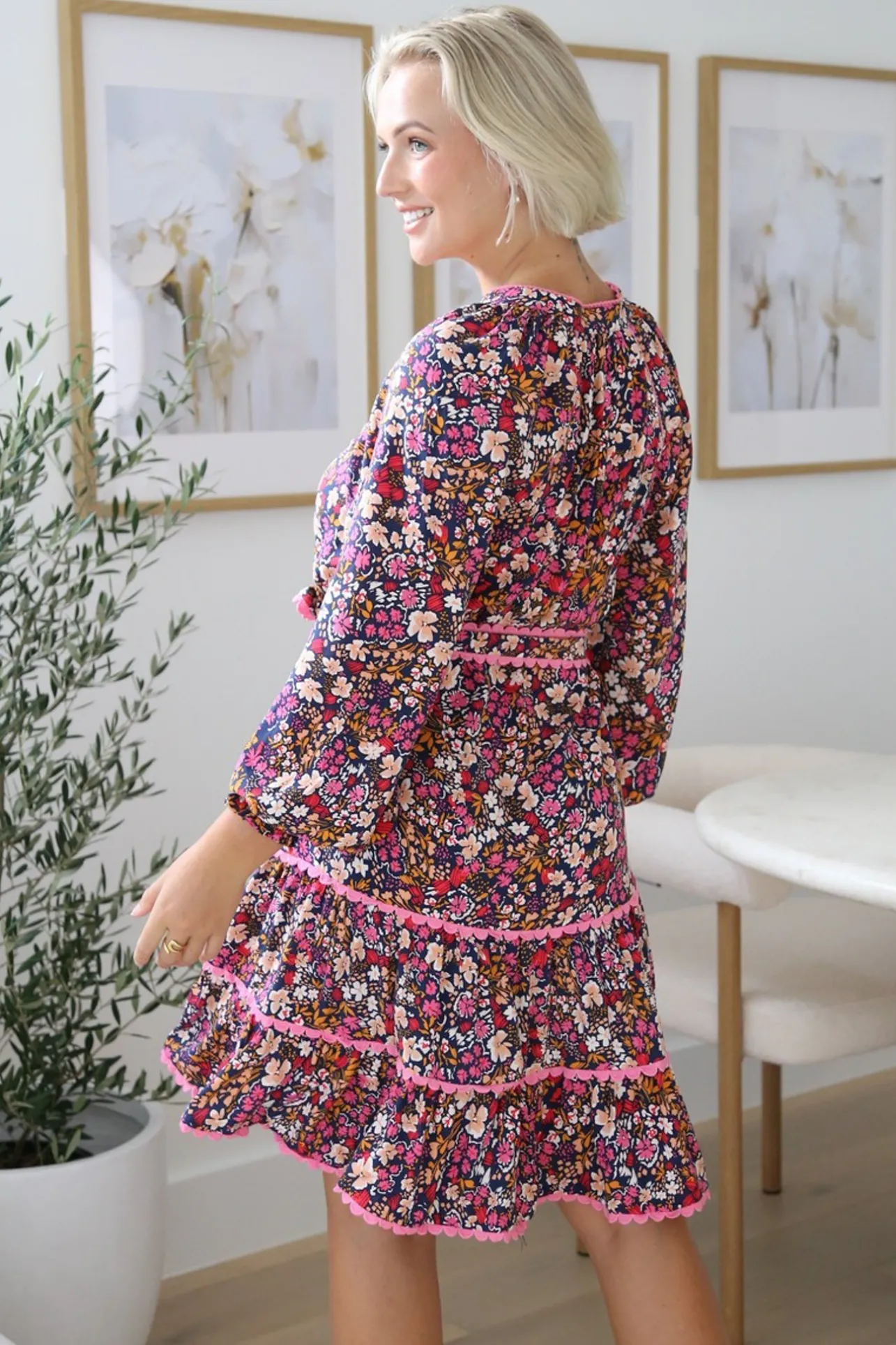 Lainie Mini Dress - Tiered Crochet Trim Mini Dress with Matching Belt in Fallon Print>Salty Crush Clearance