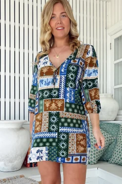 Lake Mini Dress - V Neck Shift Dress With Balloon Sleeves in Emerald Cove Print>Jaase Discount
