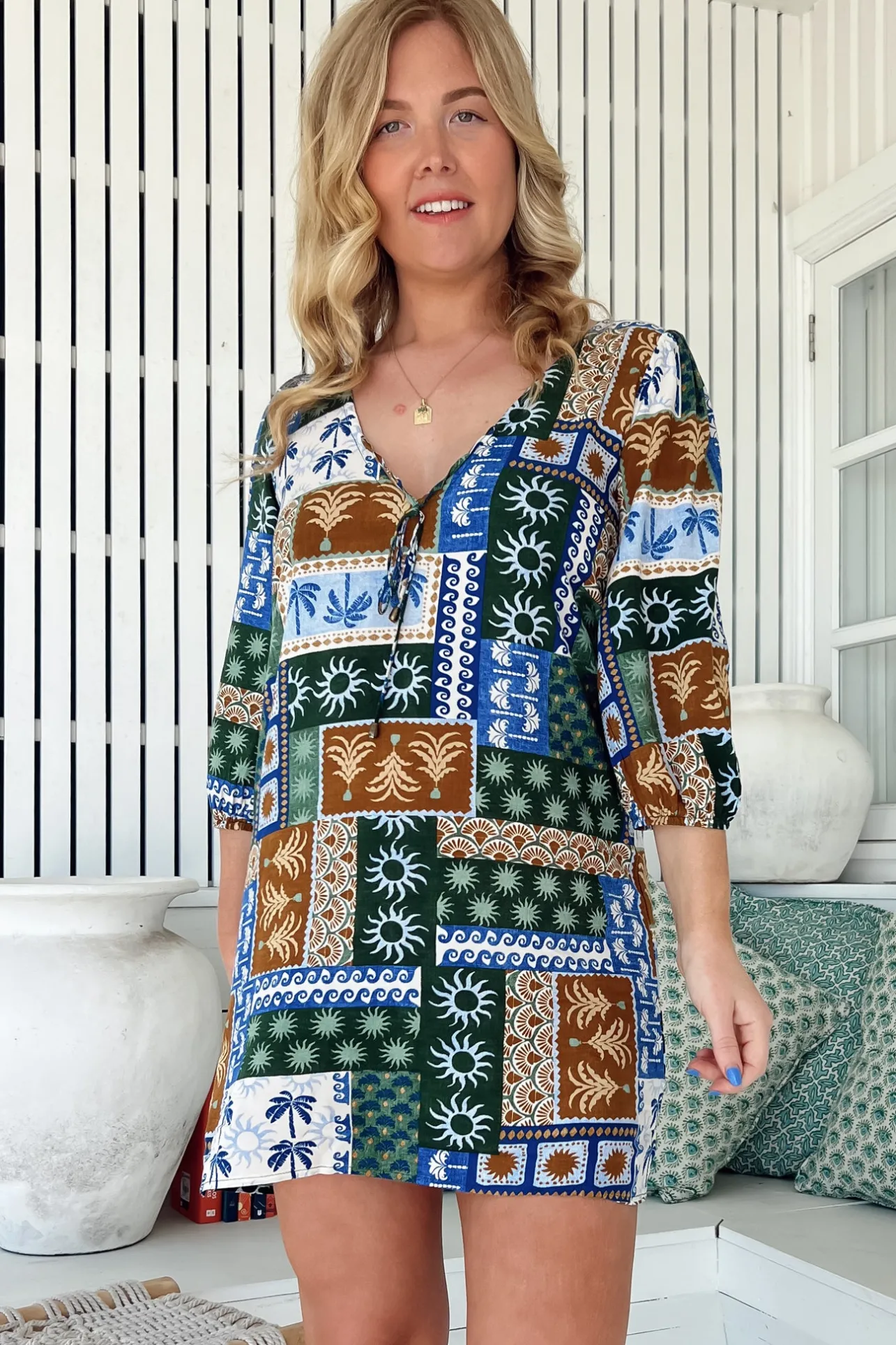 Lake Mini Dress - V Neck Shift Dress With Balloon Sleeves in Emerald Cove Print>Jaase Discount
