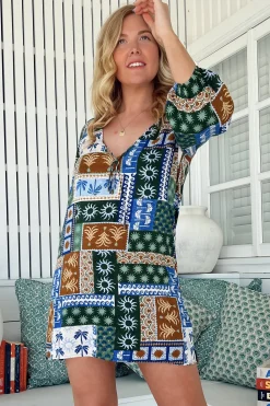 Lake Mini Dress - V Neck Shift Dress With Balloon Sleeves in Emerald Cove Print>Jaase Discount