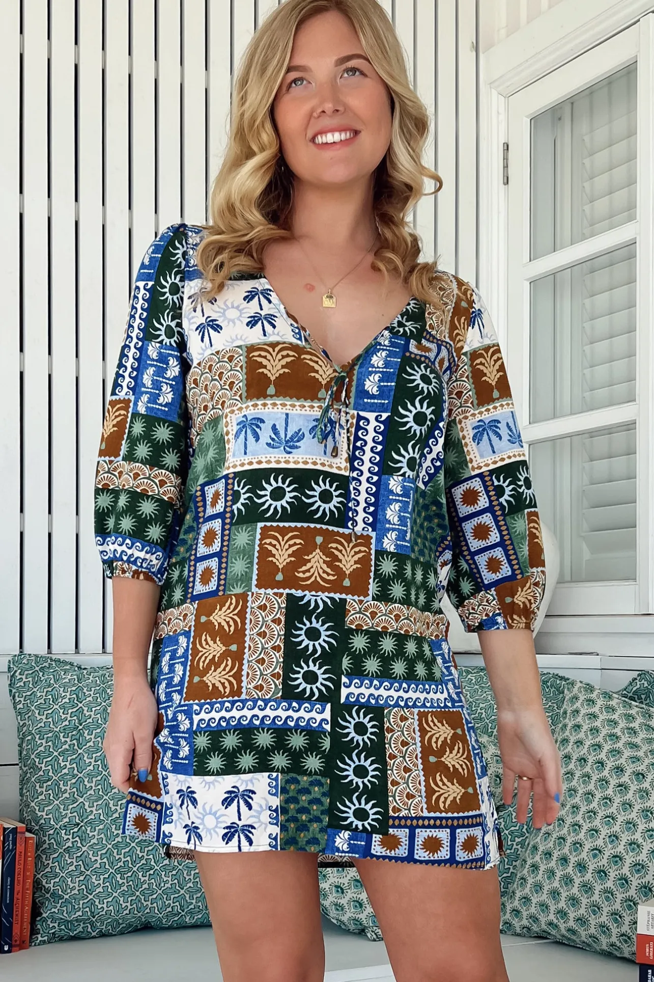 Lake Mini Dress - V Neck Shift Dress With Balloon Sleeves in Emerald Cove Print>Jaase Discount