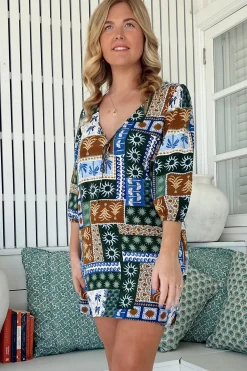 Lake Mini Dress - V Neck Shift Dress With Balloon Sleeves in Emerald Cove Print><noscript><img width=