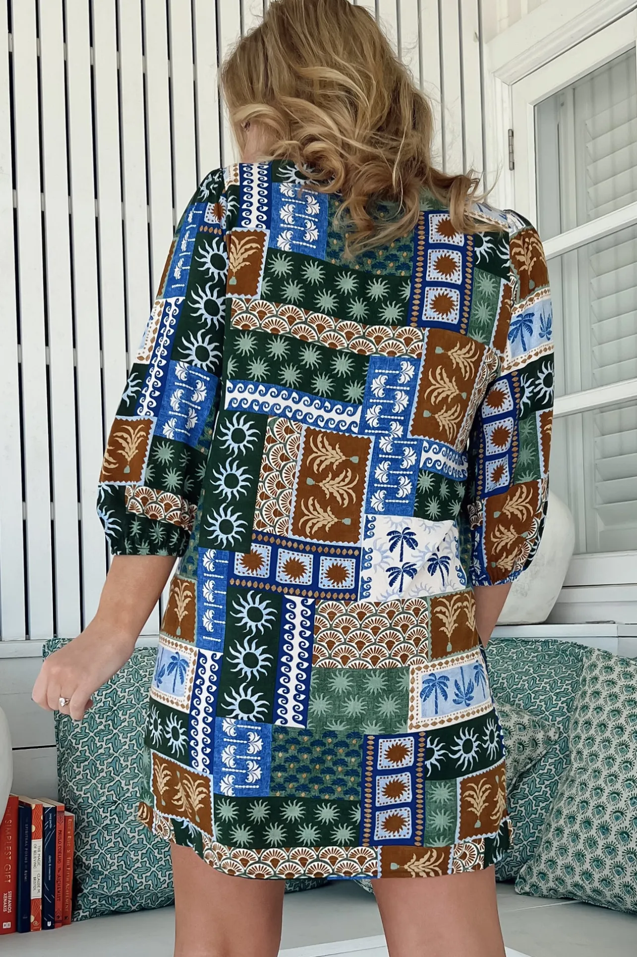 Lake Mini Dress - V Neck Shift Dress With Balloon Sleeves in Emerald Cove Print>Jaase Discount