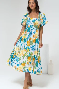 Lalita Midi Dress - Elasticated Bodice A-Line Dress with Flutter Sleeves in Mizuki Print>Salty Crush