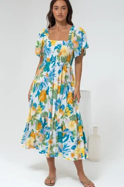 Lalita Midi Dress - Elasticated Bodice A-Line Dress with Flutter Sleeves in Mizuki Print><noscript><img width=