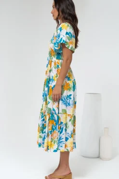 Lalita Midi Dress - Elasticated Bodice A-Line Dress with Flutter Sleeves in Mizuki Print><noscript><img width=