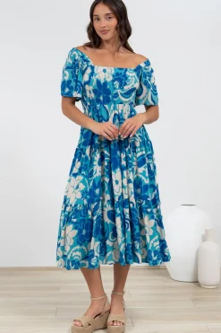 Lalita Midi Dress - Elasticated Bodice A-Line Dress with Flutter Sleeves in Shanti Print><noscript><img width=
