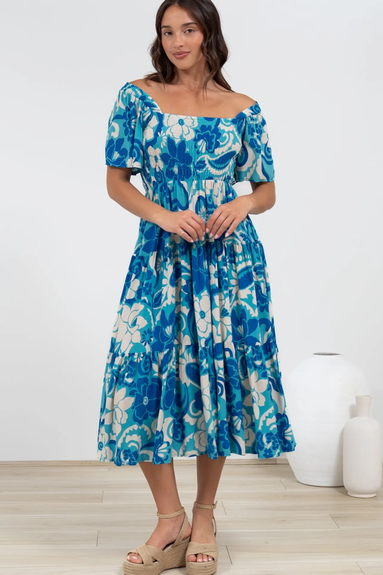 Lalita Midi Dress - Elasticated Bodice A-Line Dress with Flutter Sleeves in Shanti Print>Salty Crush Sale