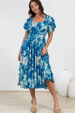 Lalita Midi Dress - Elasticated Bodice A-Line Dress with Flutter Sleeves in Shanti Print><noscript><img width=