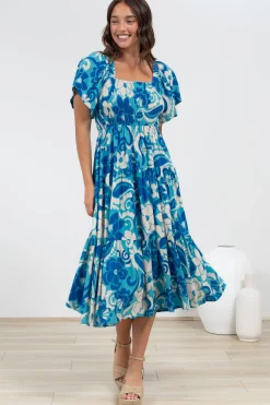 Lalita Midi Dress - Elasticated Bodice A-Line Dress with Flutter Sleeves in Shanti Print><noscript><img width=