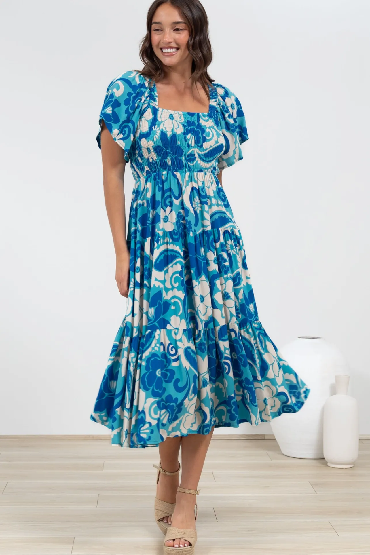 Lalita Midi Dress - Elasticated Bodice A-Line Dress with Flutter Sleeves in Shanti Print>Salty Crush Sale