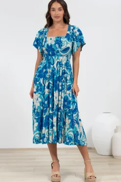 Lalita Midi Dress - Elasticated Bodice A-Line Dress with Flutter Sleeves in Shanti Print><noscript><img width=