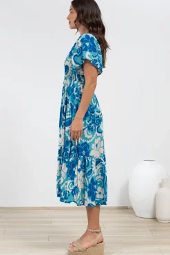 Lalita Midi Dress - Elasticated Bodice A-Line Dress with Flutter Sleeves in Shanti Print><noscript><img width=