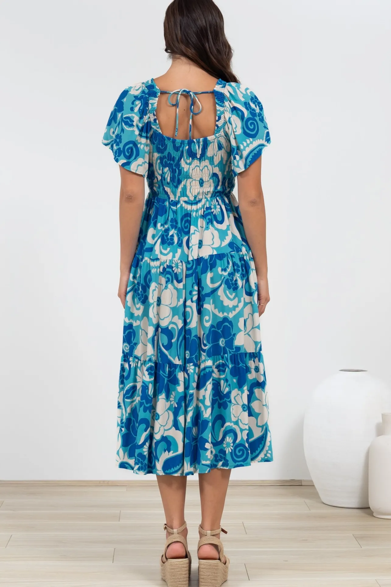 Lalita Midi Dress - Elasticated Bodice A-Line Dress with Flutter Sleeves in Shanti Print>Salty Crush Sale