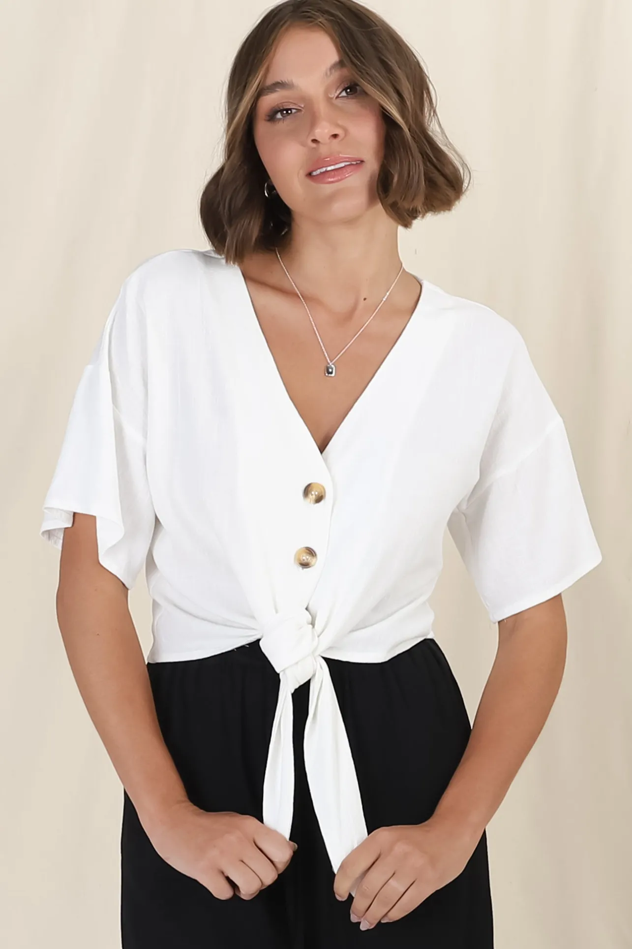 Lanara Top - Button Front Tie Up Top in White>Salty Crush Hot