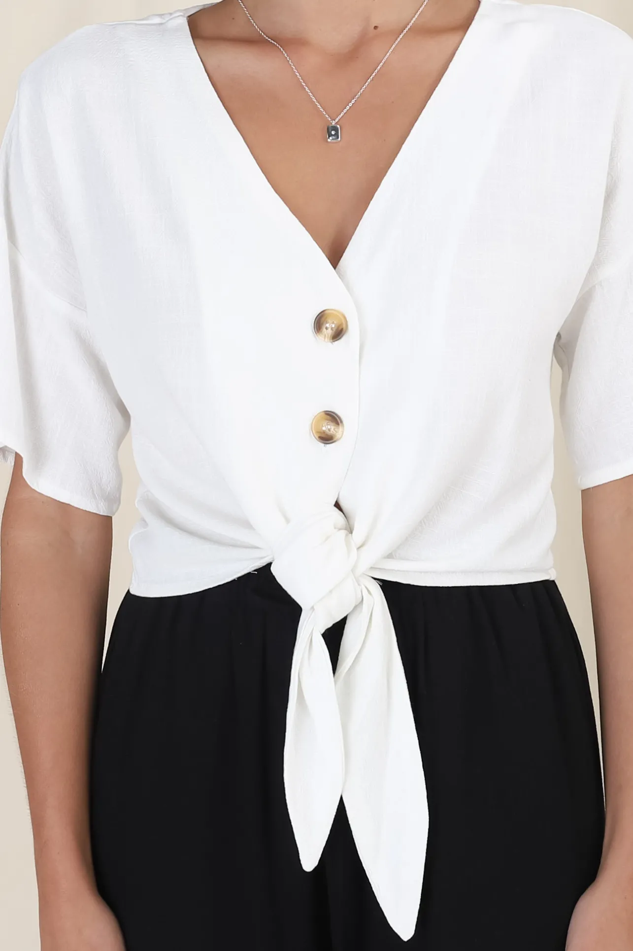 Lanara Top - Button Front Tie Up Top in White>Salty Crush Hot
