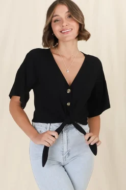 Lanara Top - Button Front Tie Up Top In Black><noscript><img width=