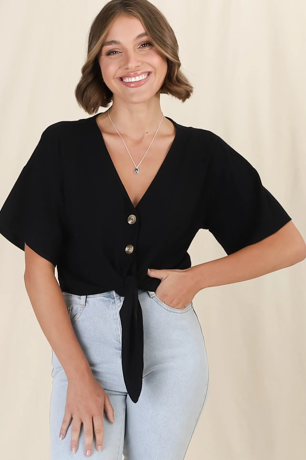 Lanara Top - Button Front Tie Up Top In Black>Salty Crush Discount
