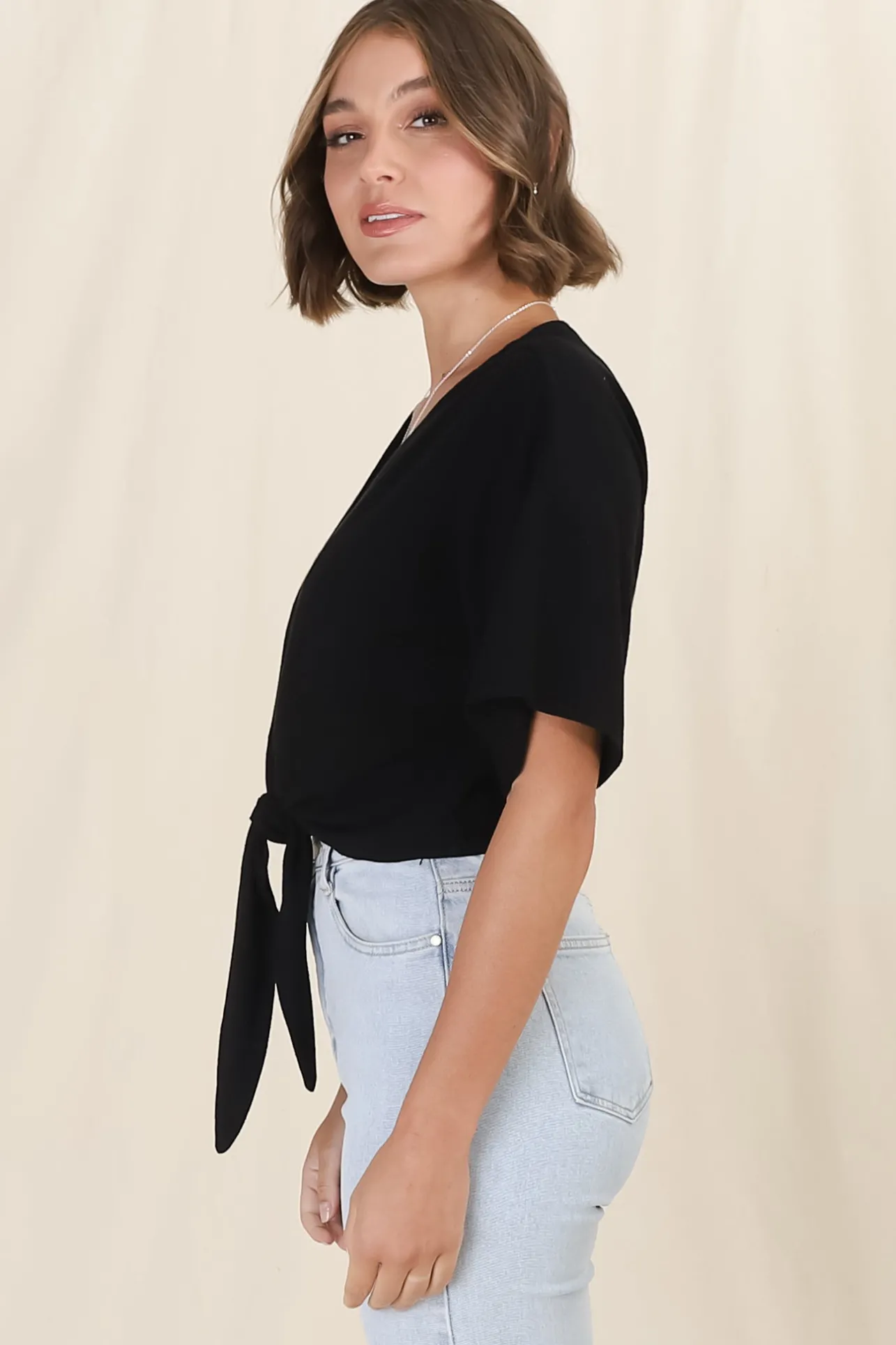 Lanara Top - Button Front Tie Up Top In Black>Salty Crush Discount