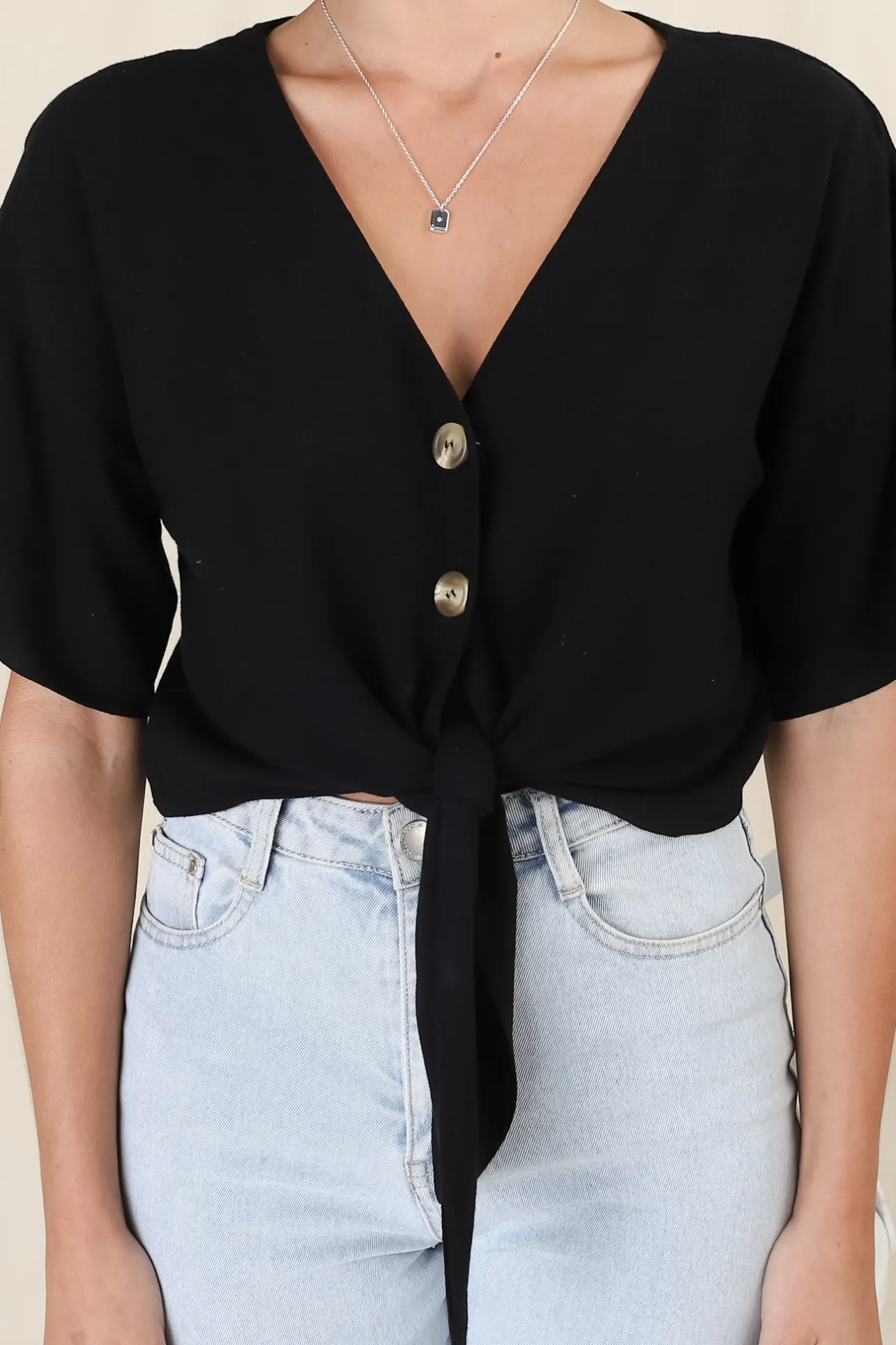 Lanara Top - Button Front Tie Up Top In Black>Salty Crush Discount