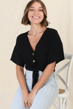 Lanara Top - Button Front Tie Up Top In Black><noscript><img width=