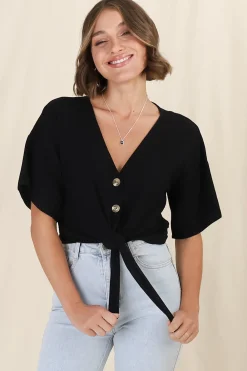 Lanara Top - Button Front Tie Up Top In Black><noscript><img width=