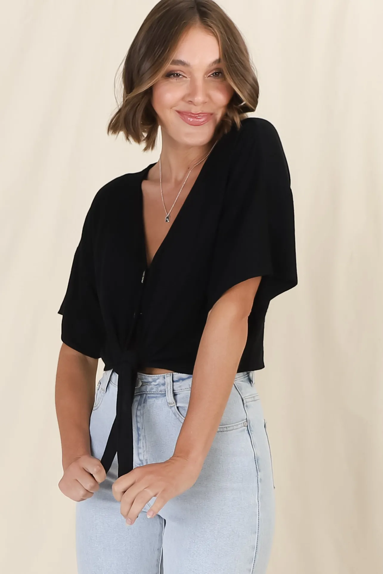 Lanara Top - Button Front Tie Up Top In Black>Salty Crush Discount
