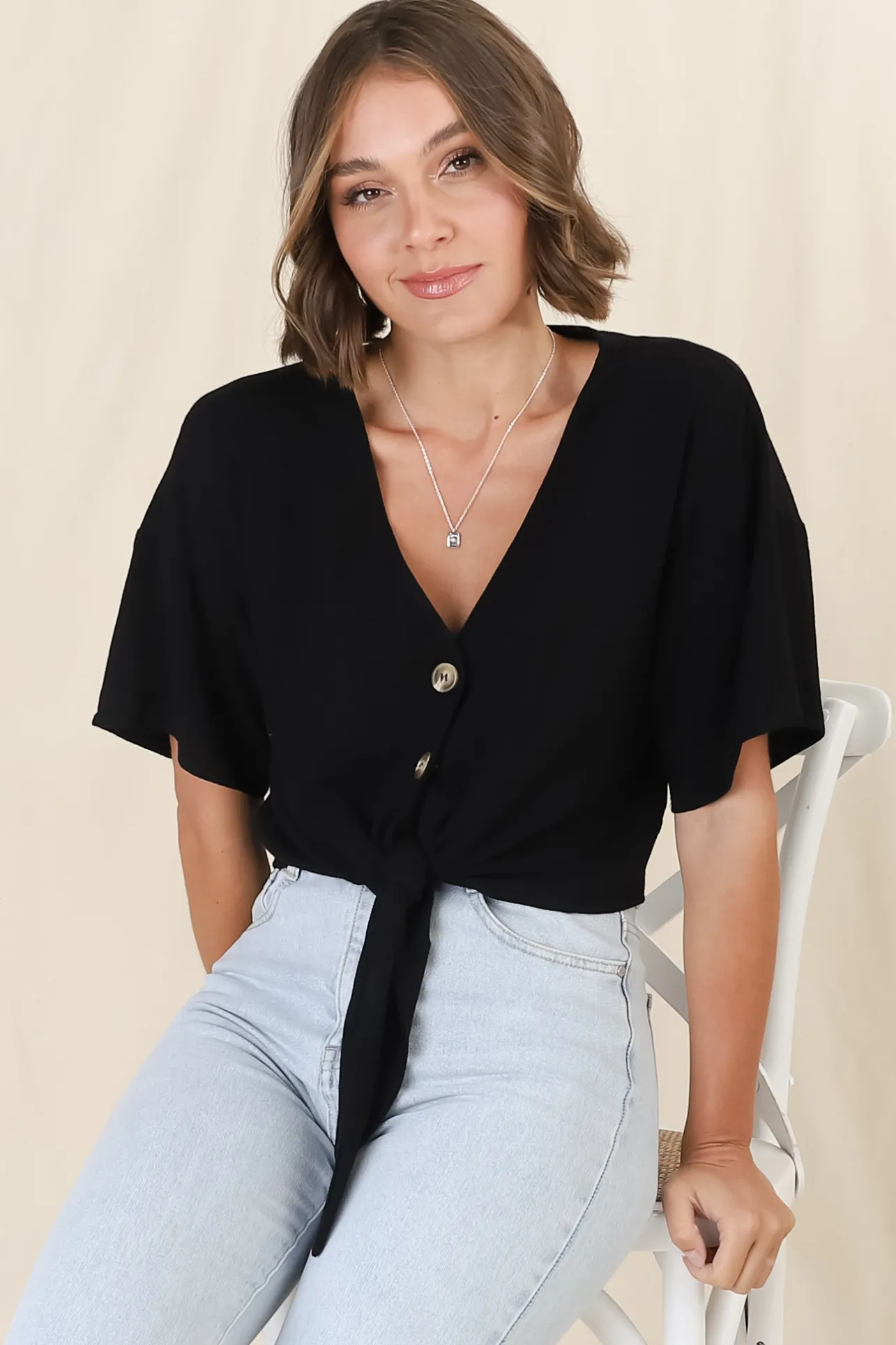 Lanara Top - Button Front Tie Up Top In Black>Salty Crush Discount
