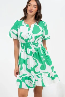 Larosa Mini Dress - Stand Collar A-Line Dress with Buttoned Bodice in Sloane Print Green>Salty Crush Discount