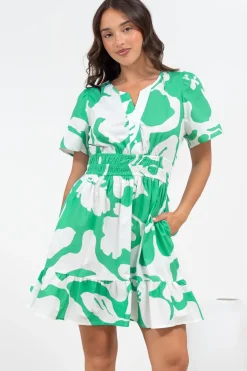 Larosa Mini Dress - Stand Collar A-Line Dress with Buttoned Bodice in Sloane Print Green>Salty Crush Discount