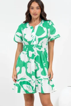 Larosa Mini Dress - Stand Collar A-Line Dress with Buttoned Bodice in Sloane Print Green><noscript><img width=