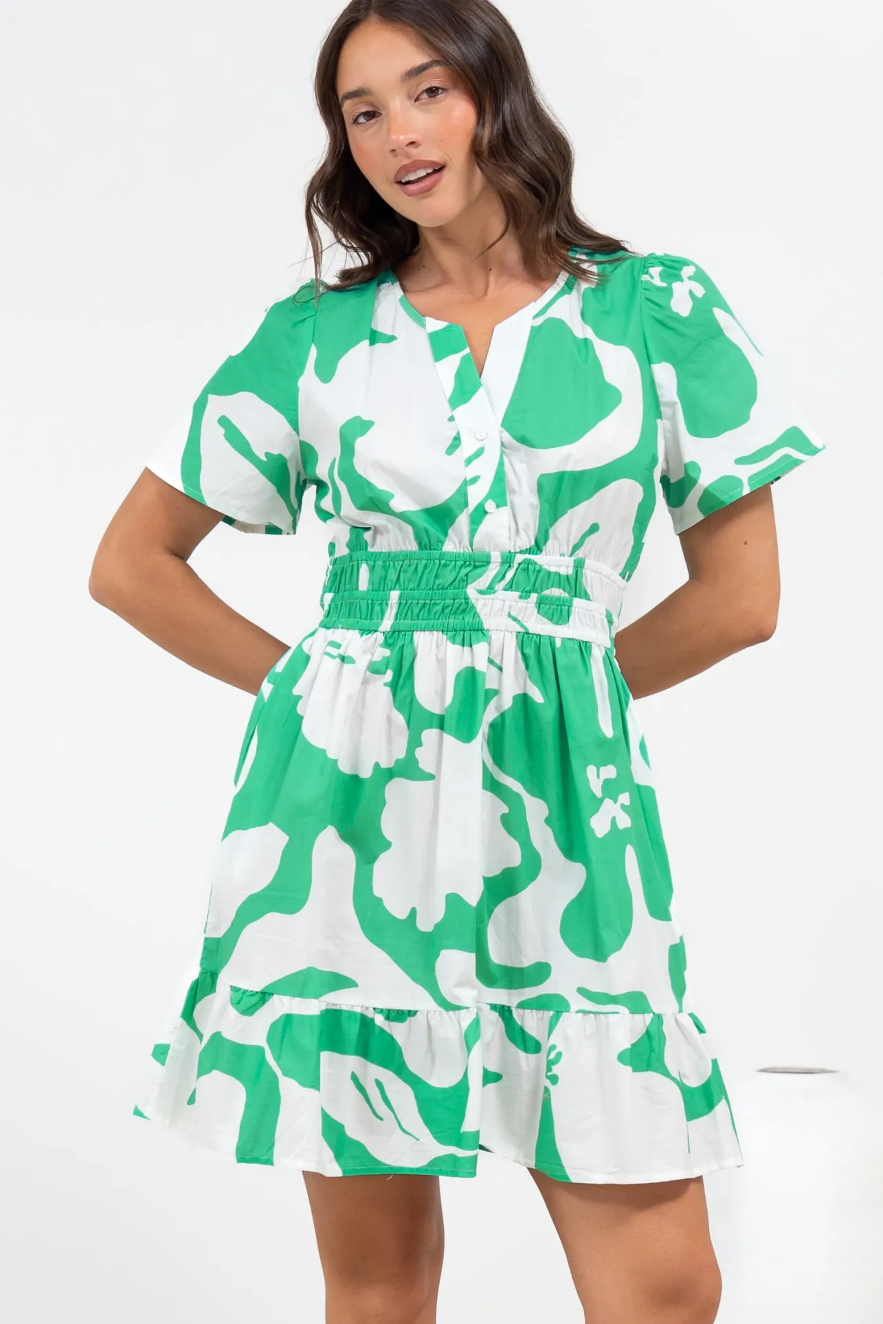 Larosa Mini Dress - Stand Collar A-Line Dress with Buttoned Bodice in Sloane Print Green>Salty Crush Discount