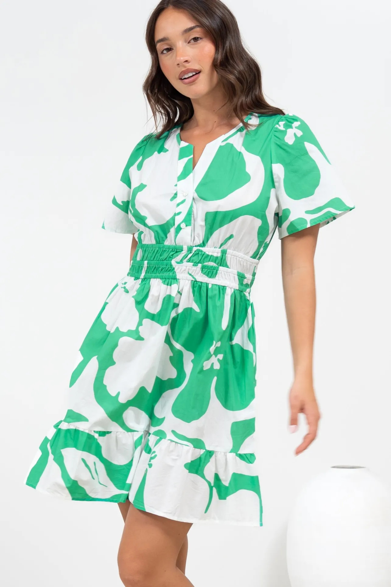 Larosa Mini Dress - Stand Collar A-Line Dress with Buttoned Bodice in Sloane Print Green>Salty Crush Discount