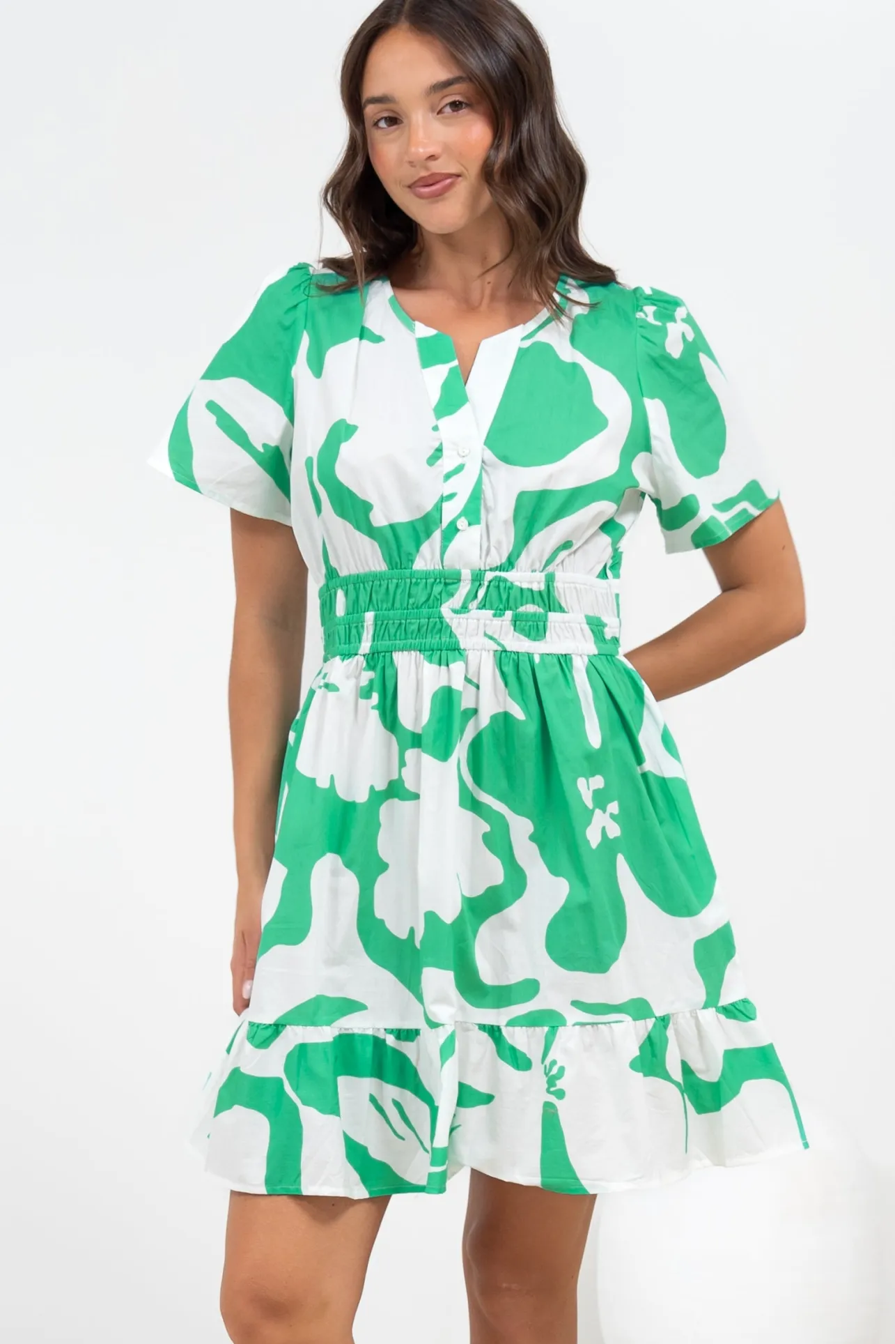 Larosa Mini Dress - Stand Collar A-Line Dress with Buttoned Bodice in Sloane Print Green>Salty Crush Discount