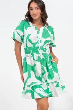 Larosa Mini Dress - Stand Collar A-Line Dress with Buttoned Bodice in Sloane Print Green><noscript><img width=