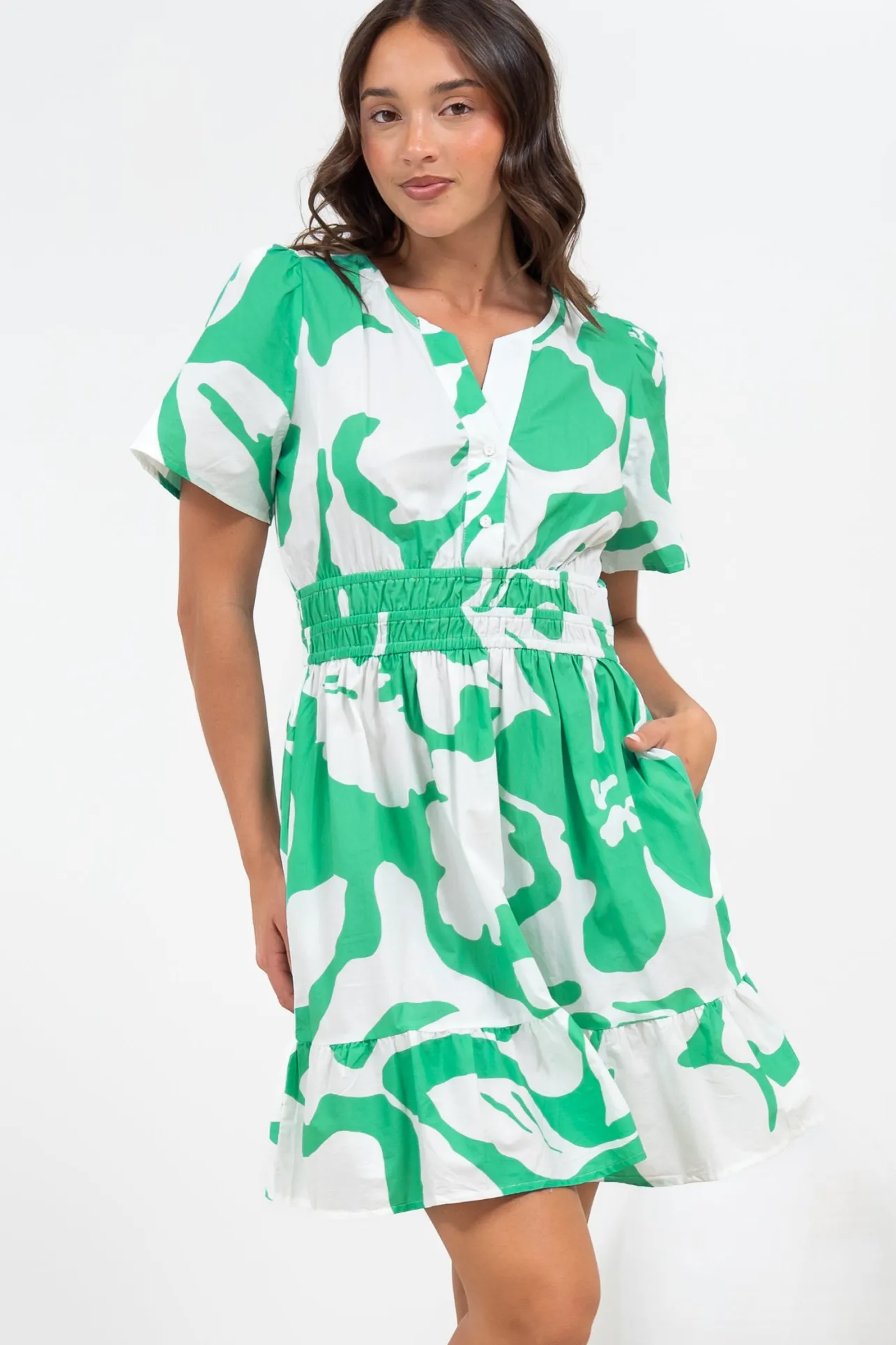 Larosa Mini Dress - Stand Collar A-Line Dress with Buttoned Bodice in Sloane Print Green>Salty Crush Discount