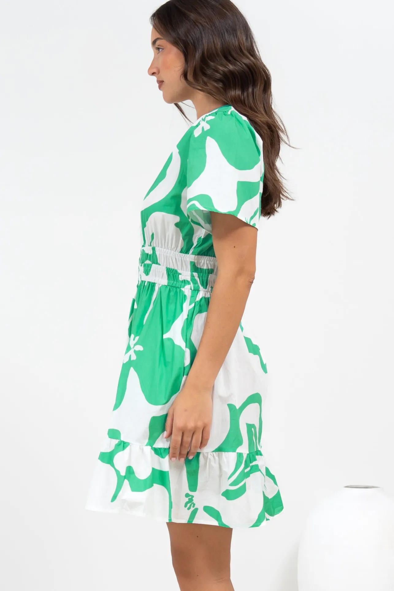 Larosa Mini Dress - Stand Collar A-Line Dress with Buttoned Bodice in Sloane Print Green>Salty Crush Discount
