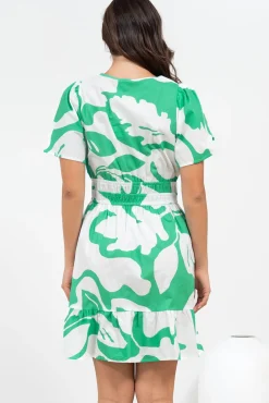 Larosa Mini Dress - Stand Collar A-Line Dress with Buttoned Bodice in Sloane Print Green><noscript><img width=