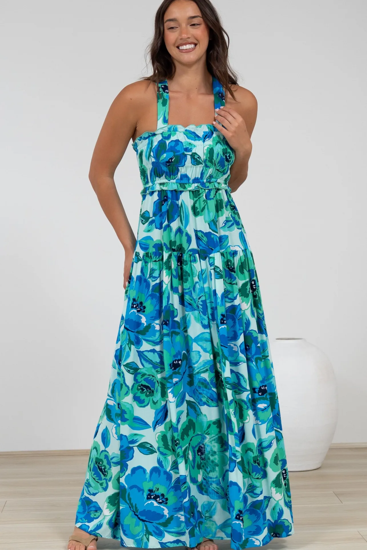 Laurita Maxi Dress - Adjustable Strap Elasticated Bodice Sun Dress in Melly Print>Salty Crush Best