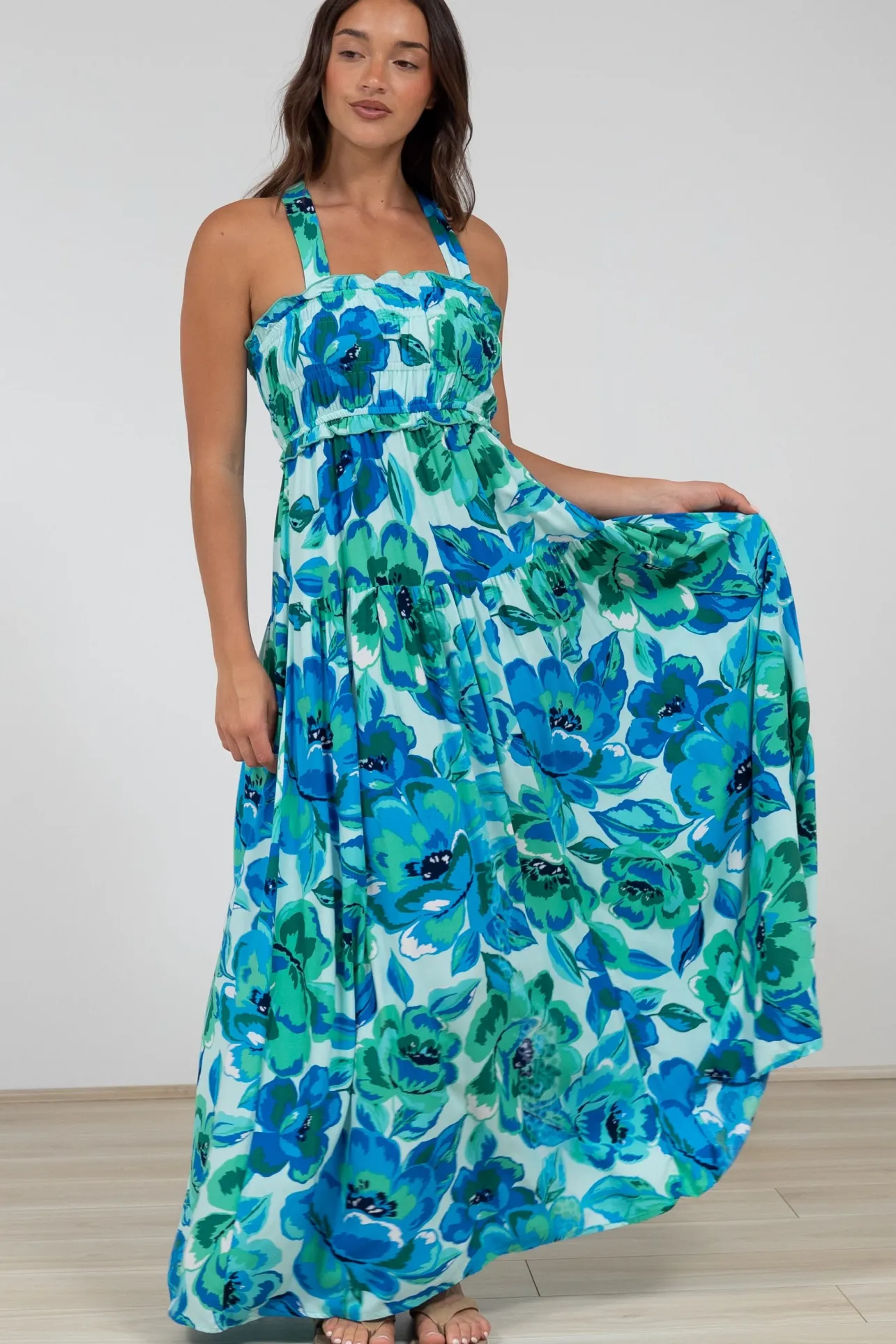 Laurita Maxi Dress - Adjustable Strap Elasticated Bodice Sun Dress in Melly Print>Salty Crush Best