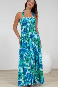 Laurita Maxi Dress - Adjustable Strap Elasticated Bodice Sun Dress in Melly Print><noscript><img width=