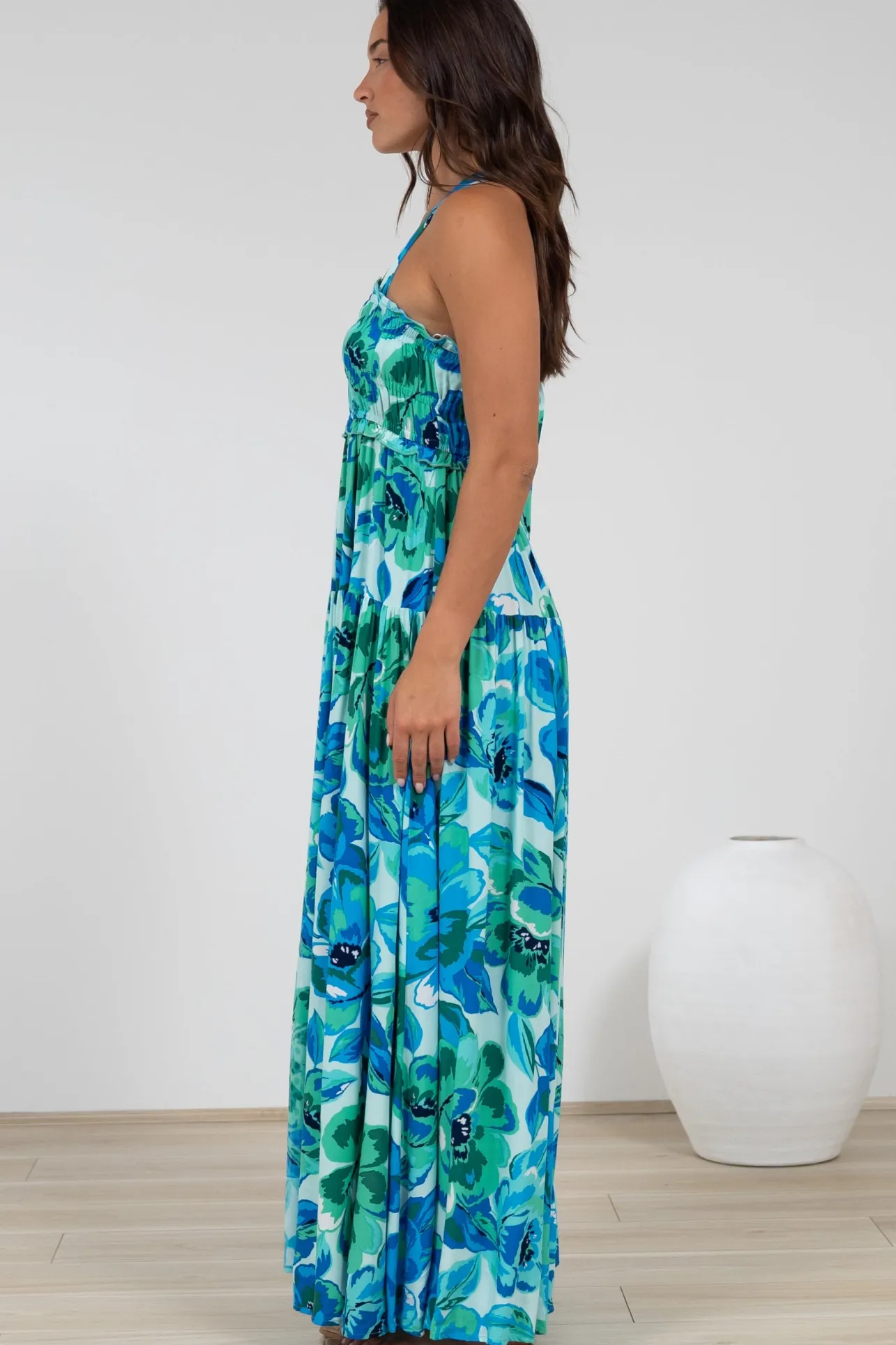 Laurita Maxi Dress - Adjustable Strap Elasticated Bodice Sun Dress in Melly Print>Salty Crush Best