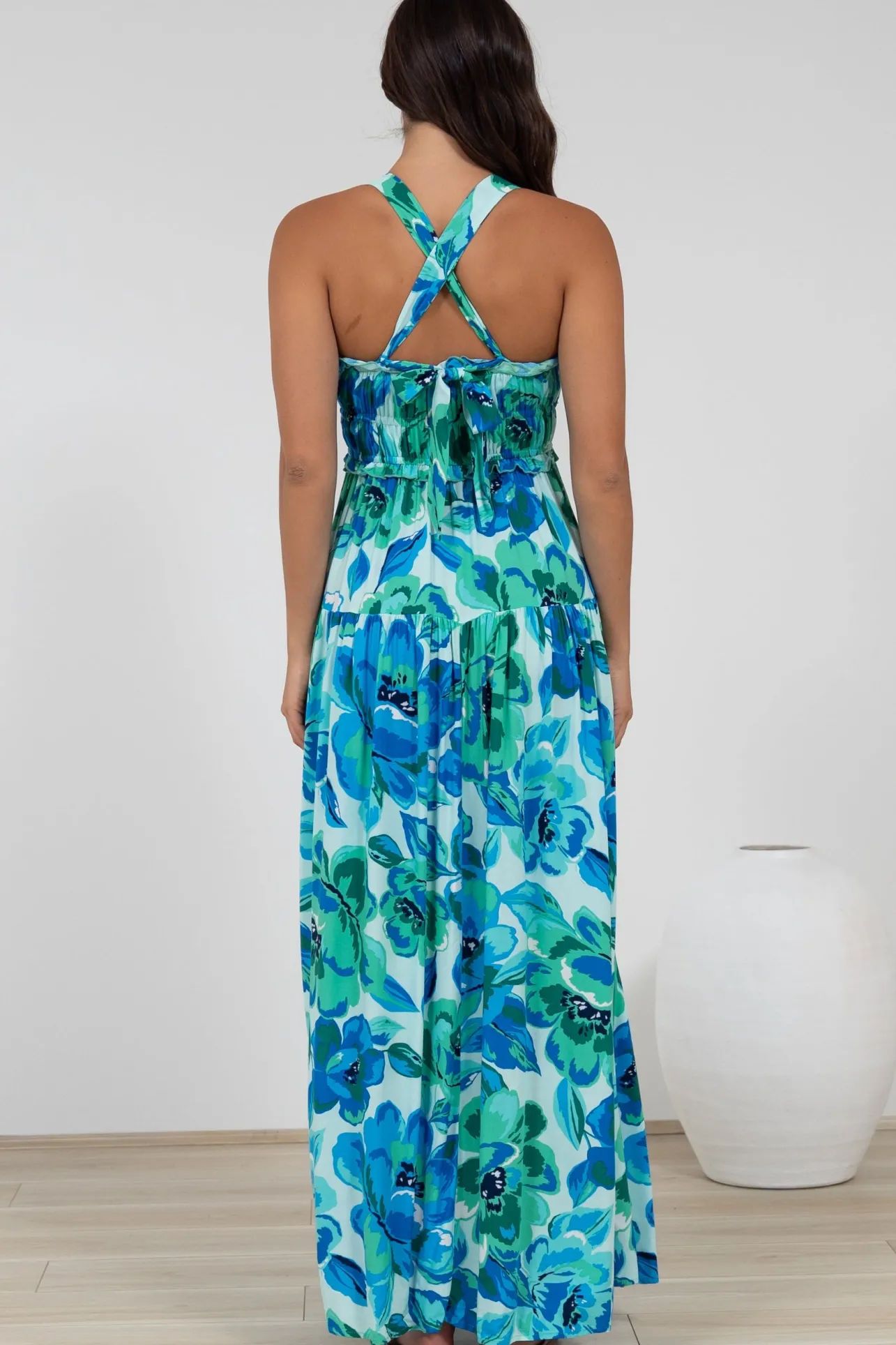 Laurita Maxi Dress - Adjustable Strap Elasticated Bodice Sun Dress in Melly Print>Salty Crush Best