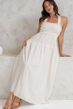 Laurita Midi Dress - Adjustable Strap Elasticated Bodice Sun Dress in White>Salty Crush New