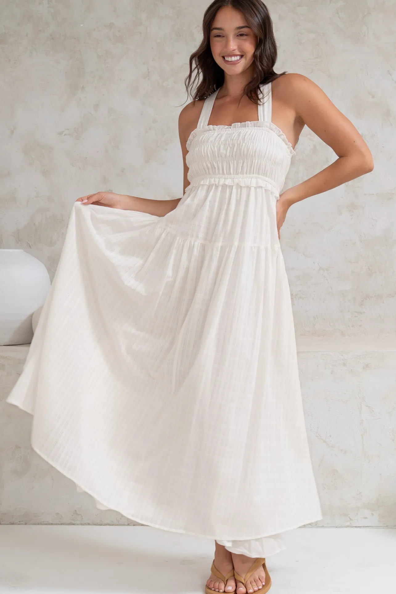 Laurita Midi Dress - Adjustable Strap Elasticated Bodice Sun Dress in White>Salty Crush New