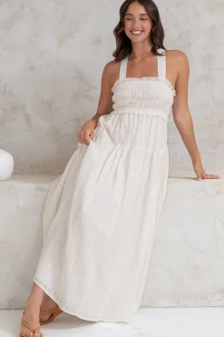 Laurita Midi Dress - Adjustable Strap Elasticated Bodice Sun Dress in White><noscript><img width=