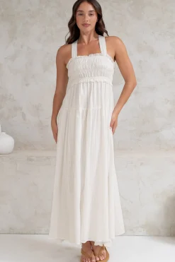 Laurita Midi Dress - Adjustable Strap Elasticated Bodice Sun Dress in White><noscript><img width=