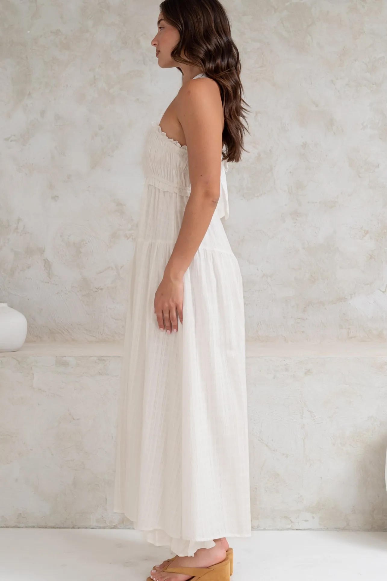 Laurita Midi Dress - Adjustable Strap Elasticated Bodice Sun Dress in White>Salty Crush New