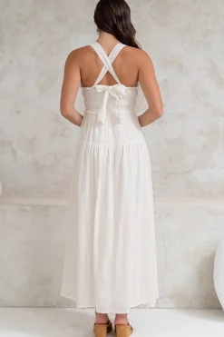 Laurita Midi Dress - Adjustable Strap Elasticated Bodice Sun Dress in White><noscript><img width=