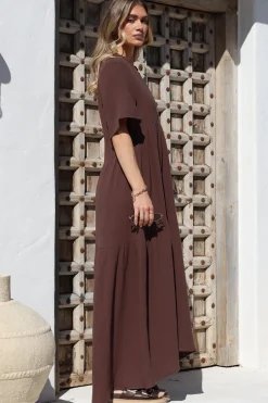 Laysa Maxi Dress - Mandarin Collar Buttoned Bodice Short Sleeve Dress in Chocolate><noscript><img width=